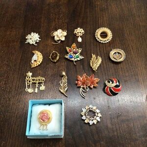 Lot of 15 brooches. 8 have signatures. Coro, JJ, Monet, Sarah Cov.